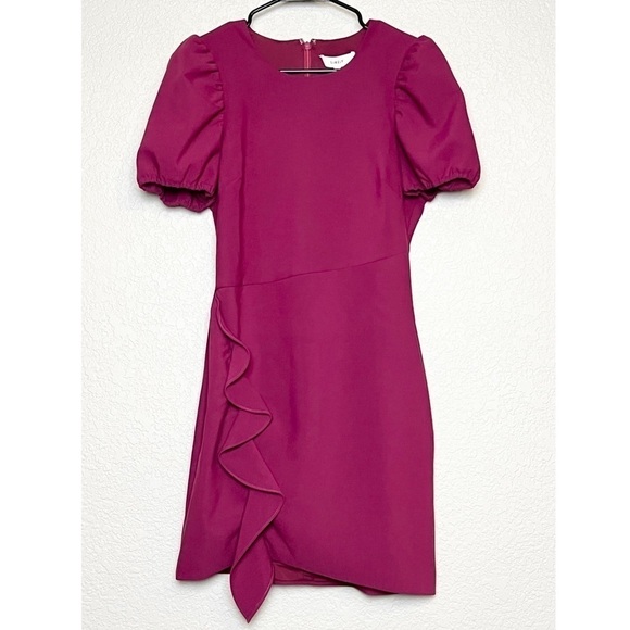 NWT LIKELY Puff Short Sleeves Asymmetrical Ruffle Dress Berry Cocktail Sheath 8 - Picture 4 of 7